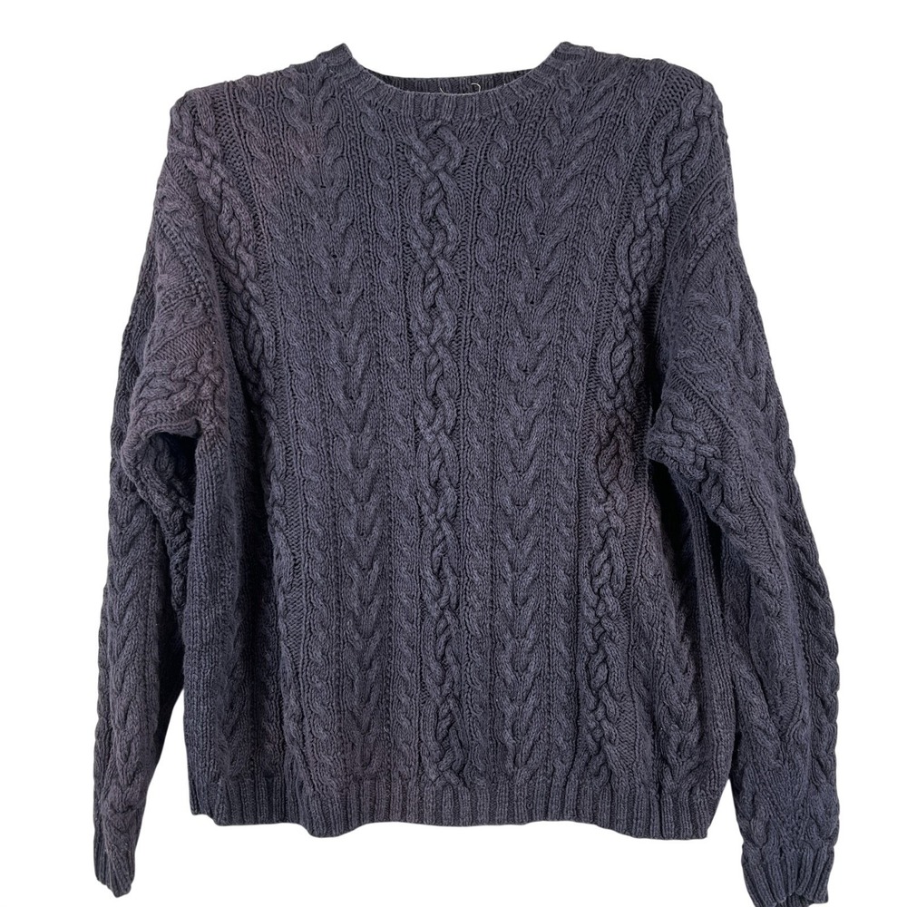 J.Crew Mens L Fisherman Aran Cable Knit Sweater Navy Blue Cotton Grandpacore